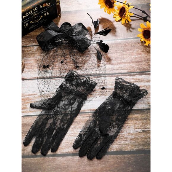 Fascinator Hat Feather Veil Lace Gloves for Women Elegant Tea Party & Formal Wea - Picture 7 of 7